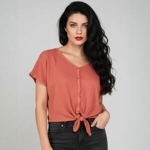 Pink Rose Rust Orange Waffle Knit Tie-Front Button Short Sleeve Shirt